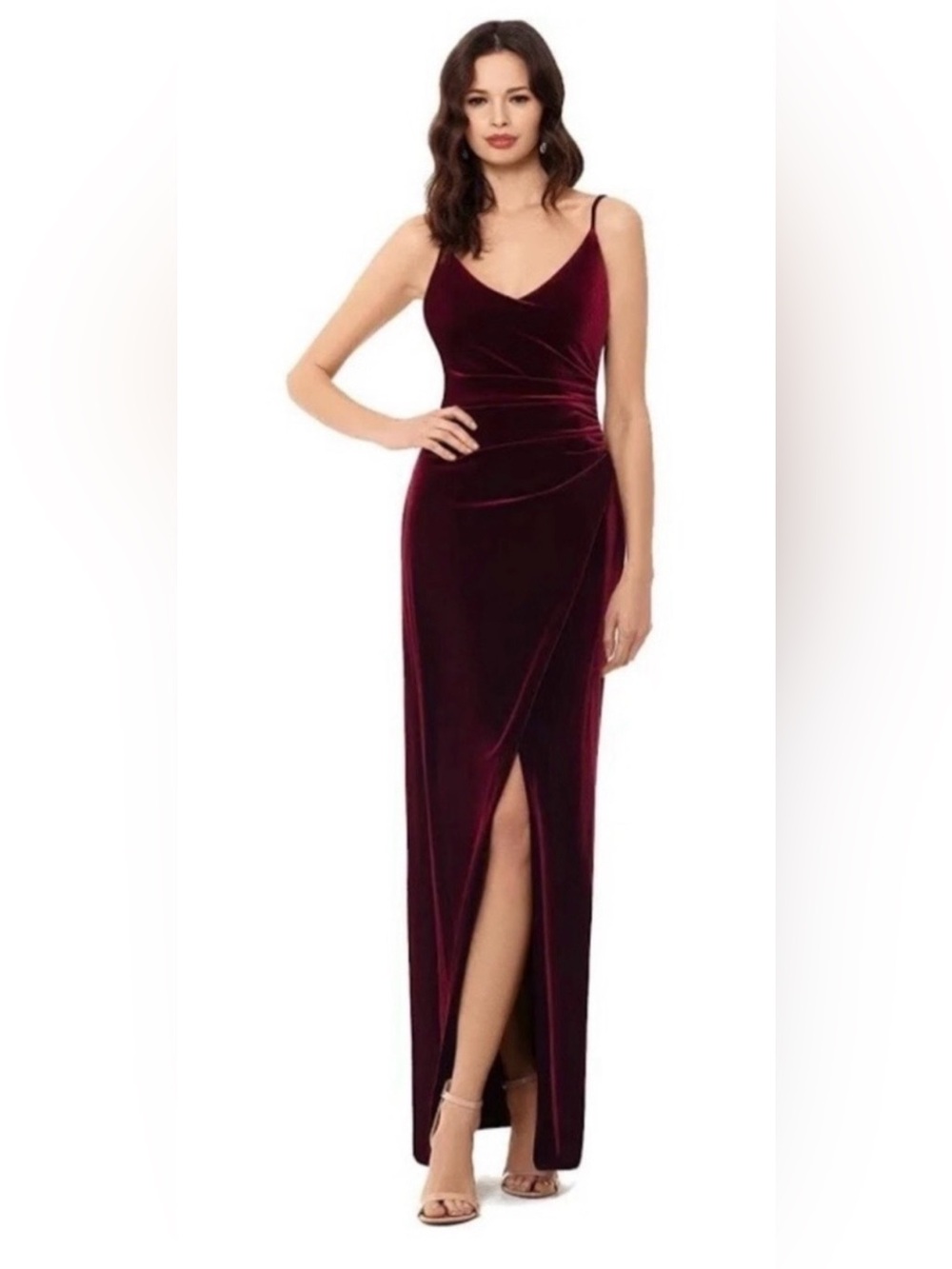 Betsy & Adam Burgundy Velvet Slit Maxi Dress